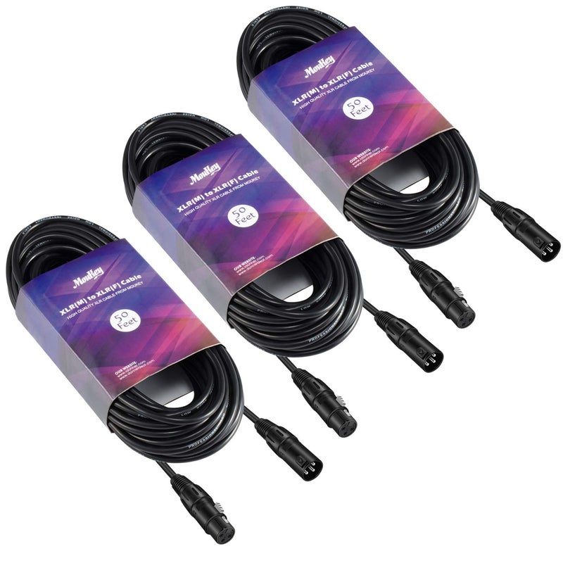 Moukey XLR Cables 50ft Microphone Cable, XLR Male to XLR Female Mic Speaker Cable, Black, 3 Pack - Image 1